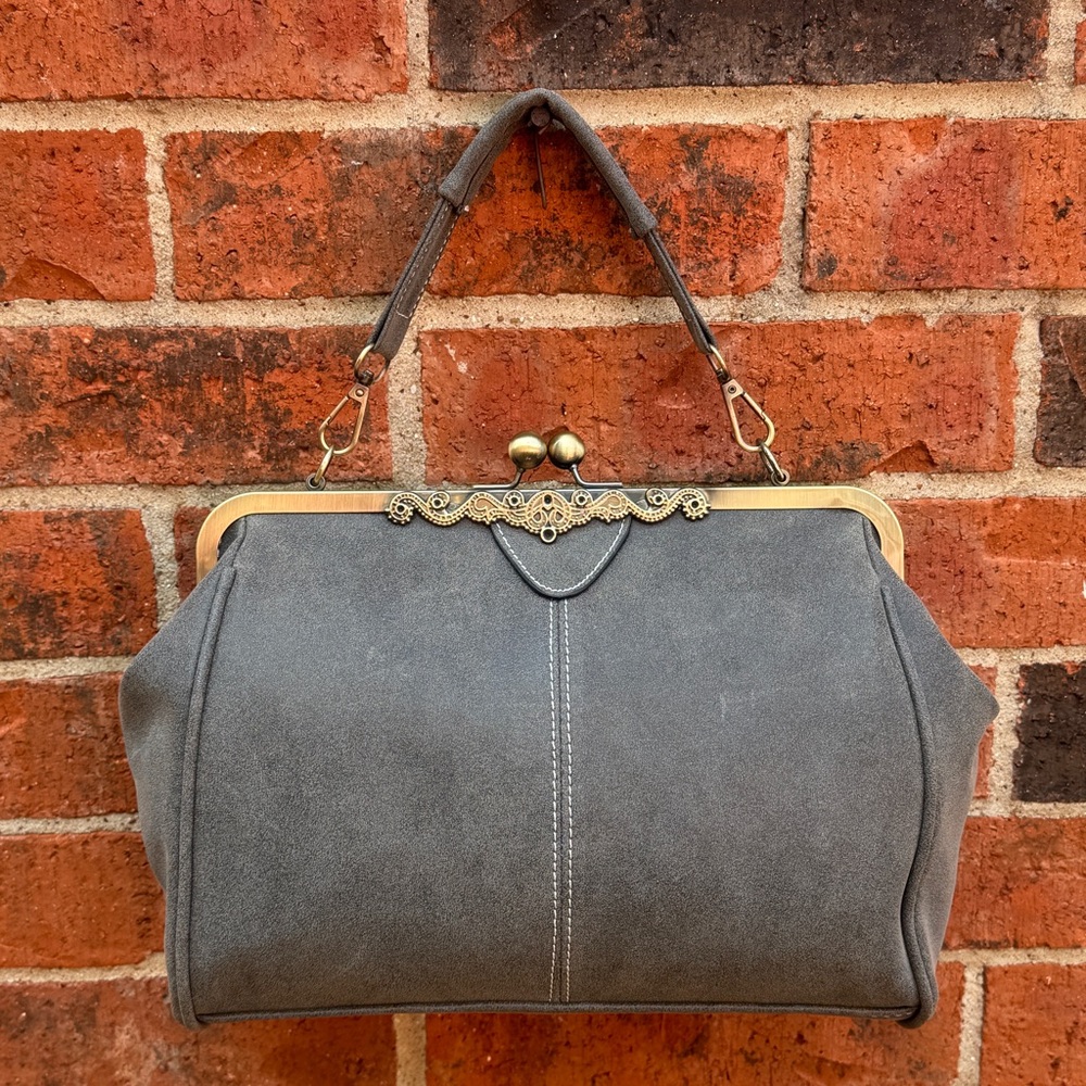 Kiss Lock Faux Suede Tote Purse